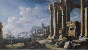 Leonardo Coccorante A capriccio of architectural ruins with a seascape beyond oil